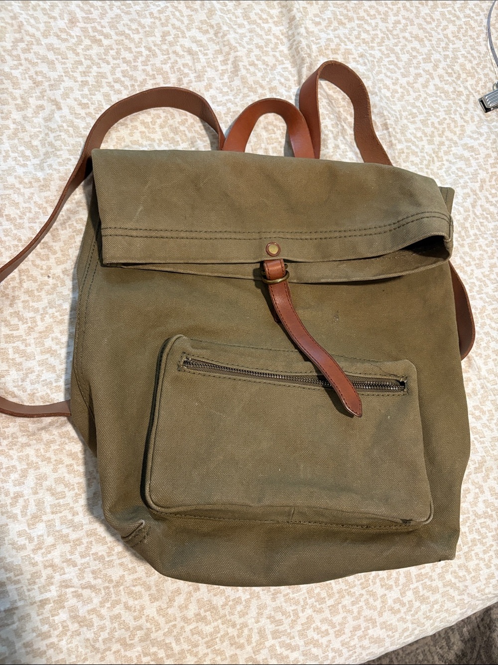Madewell Olive Canvas Backpack with broken front zipper